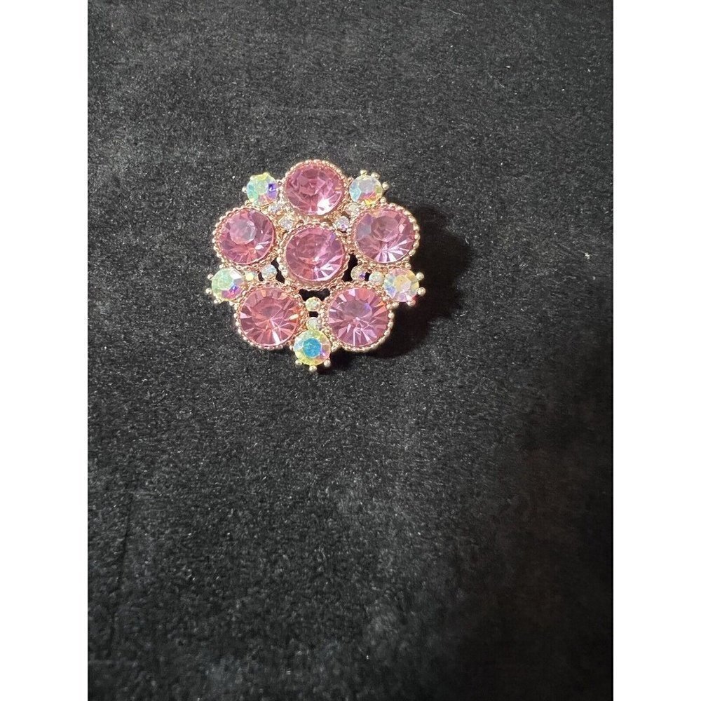 Pink and Iridescent Crystals Rose Gold Plated Pin Brooch 1"